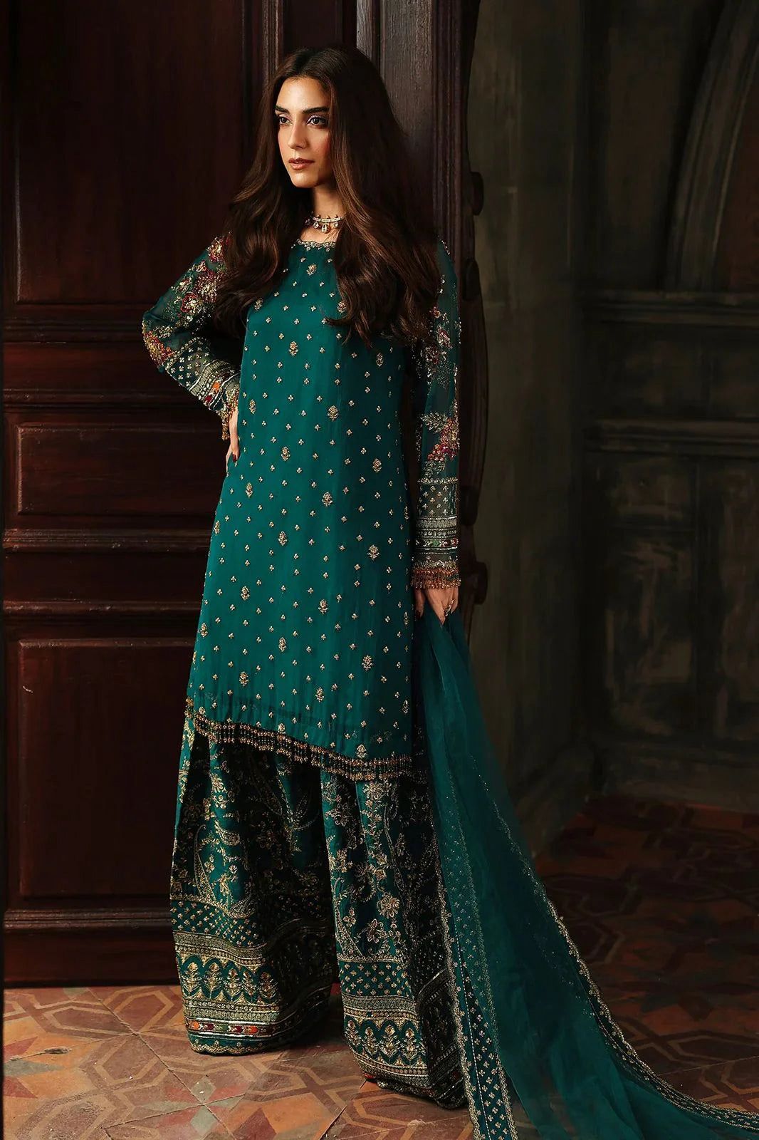 CHZ Embroidered Sea Green Luxury  Chiffon Gharara
