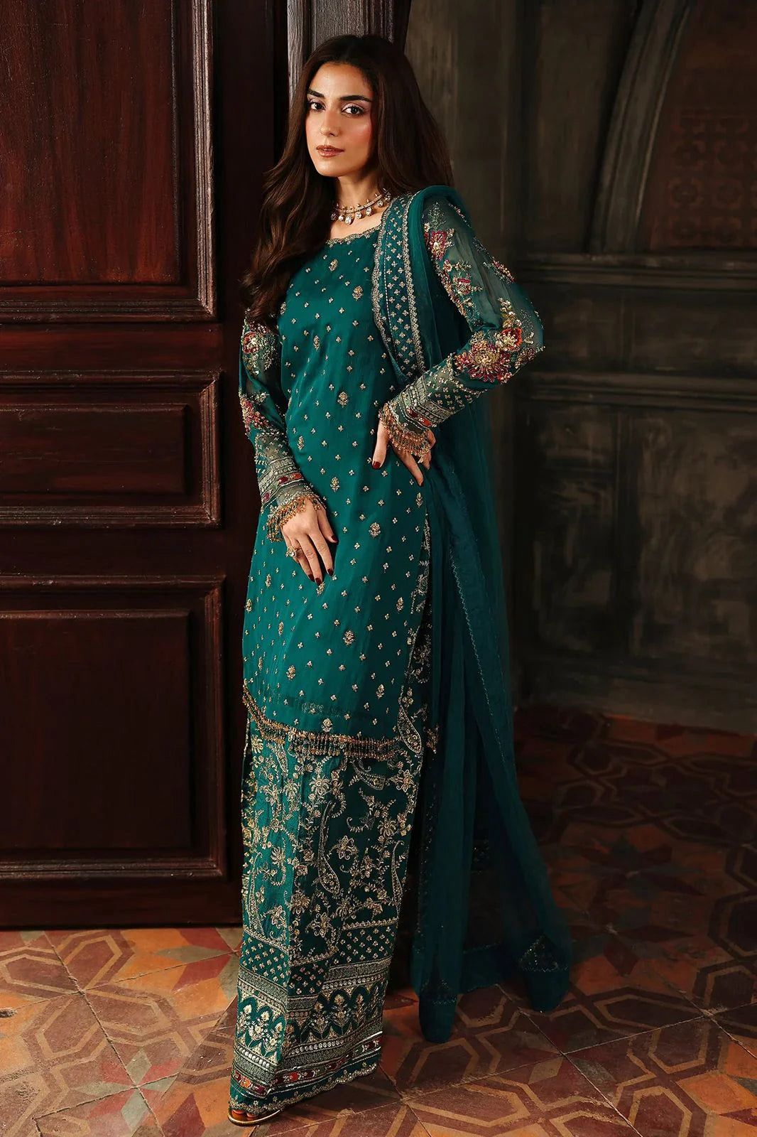 CHZ Embroidered Sea Green Luxury  Chiffon Gharara