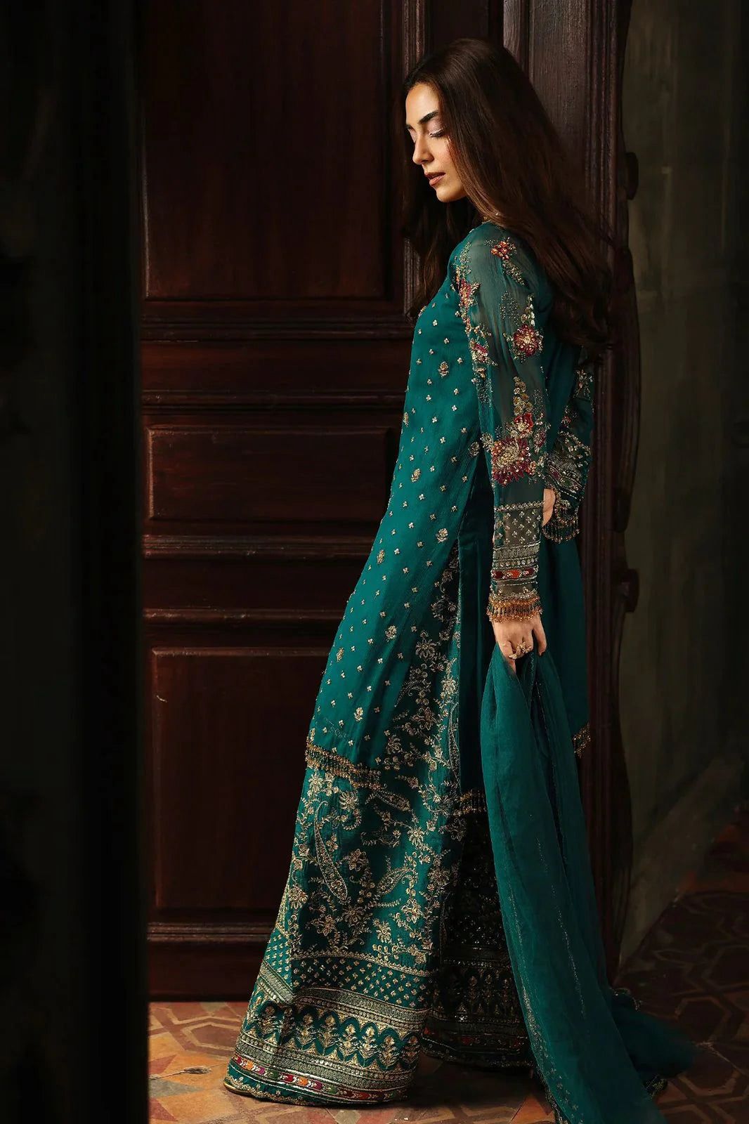 CHZ Embroidered Sea Green Luxury  Chiffon Gharara
