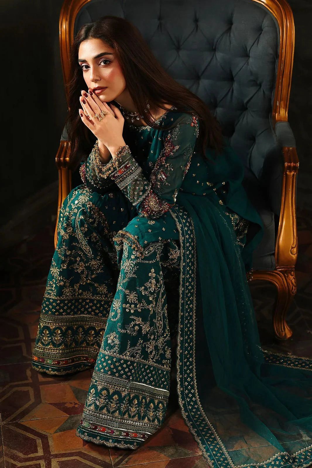 CHZ Embroidered Sea Green Luxury  Chiffon Gharara