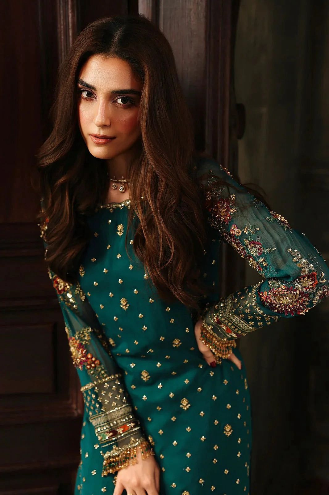 CHZ Embroidered Sea Green Luxury  Chiffon Gharara