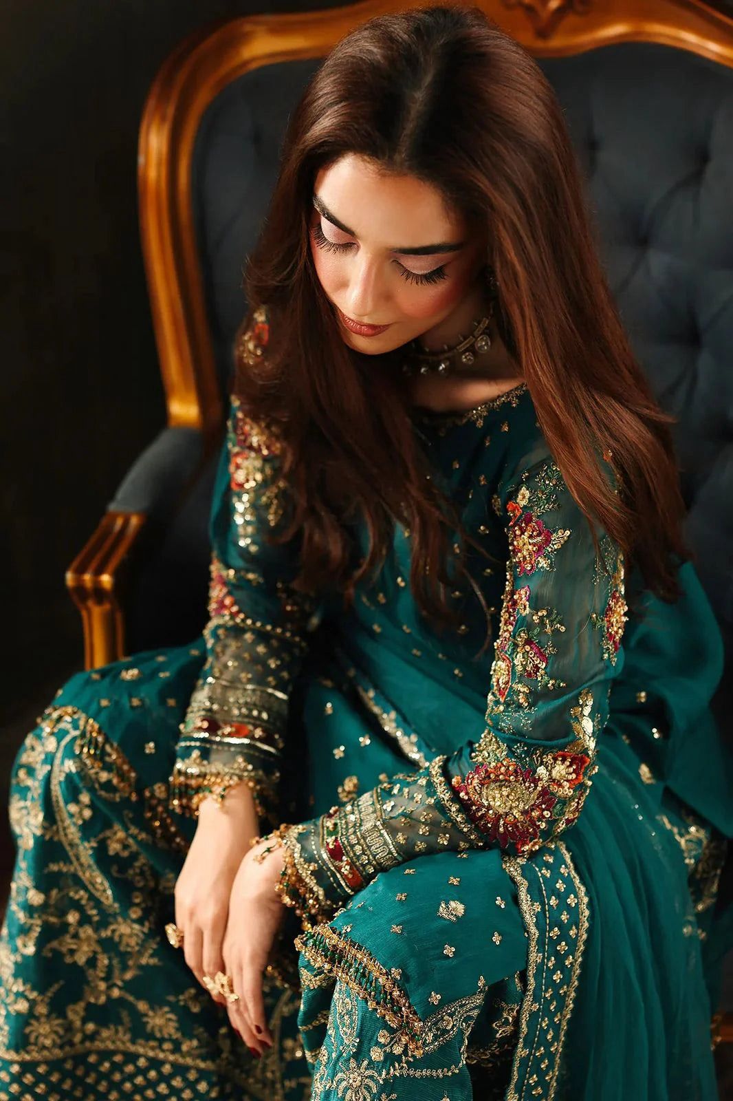 CHZ Embroidered Sea Green Luxury  Chiffon Gharara