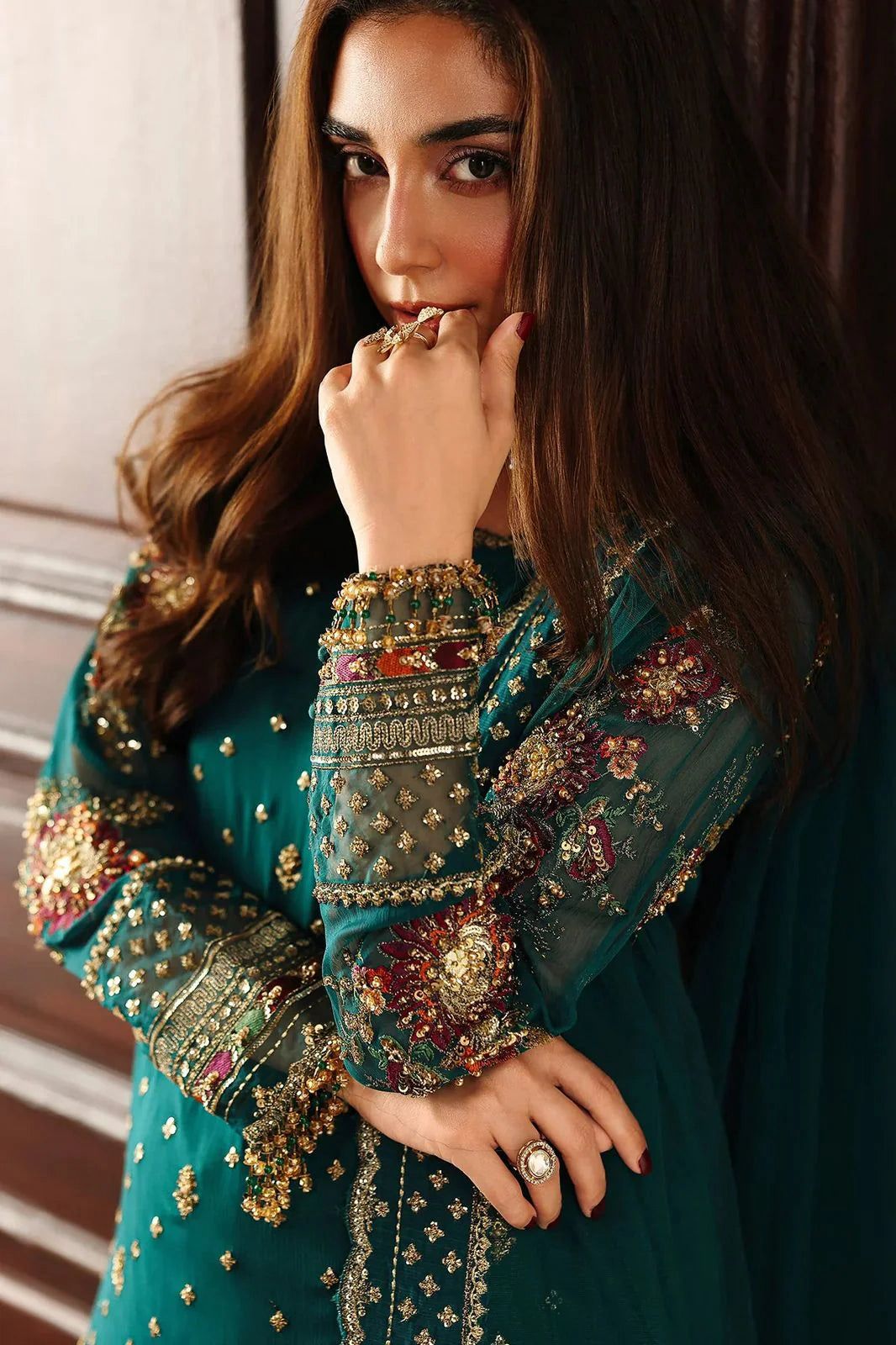 CHZ Embroidered Sea Green Luxury  Chiffon Gharara