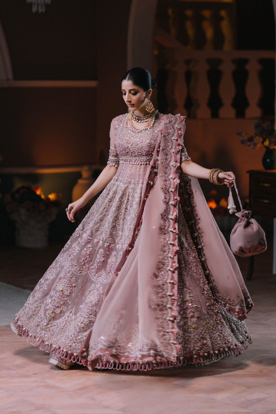 ELN Embroidered Pink Luxury Organza Maxi