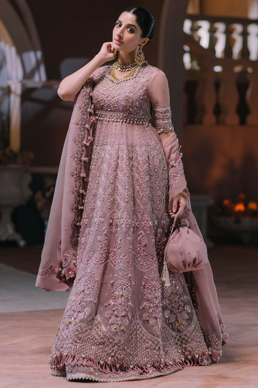 ELN Embroidered Pink Luxury Organza Maxi