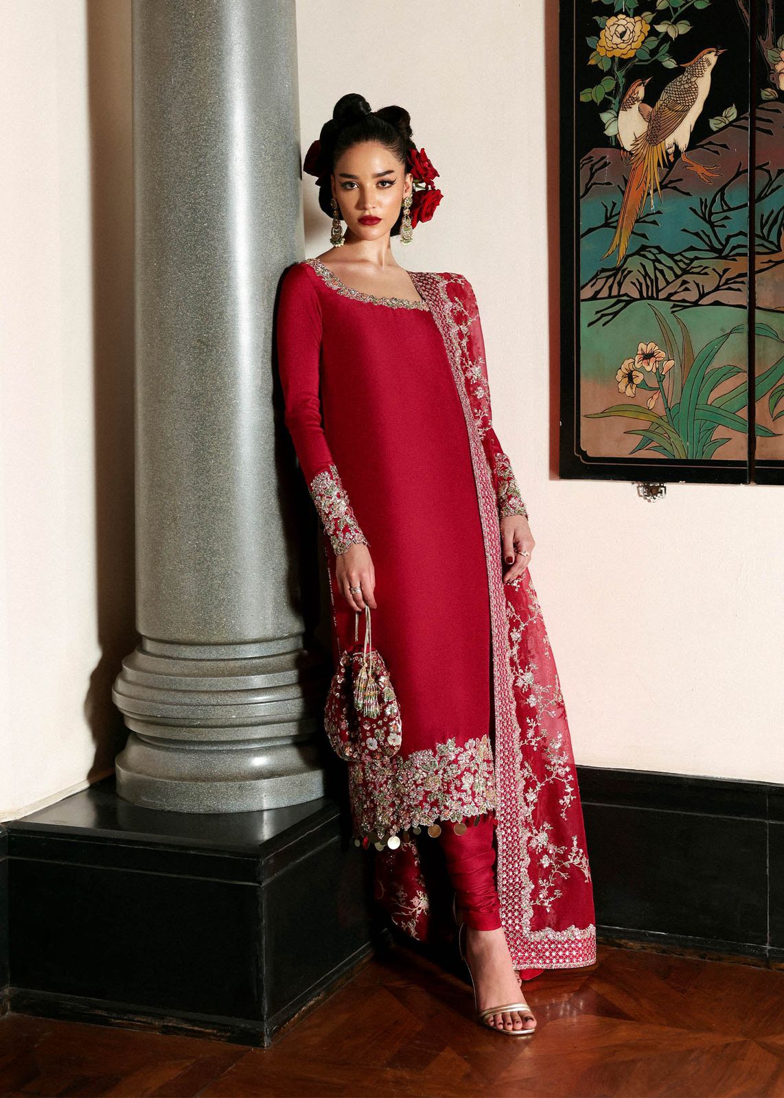 HR Embroidered Red Luxury Raw Silk Dress