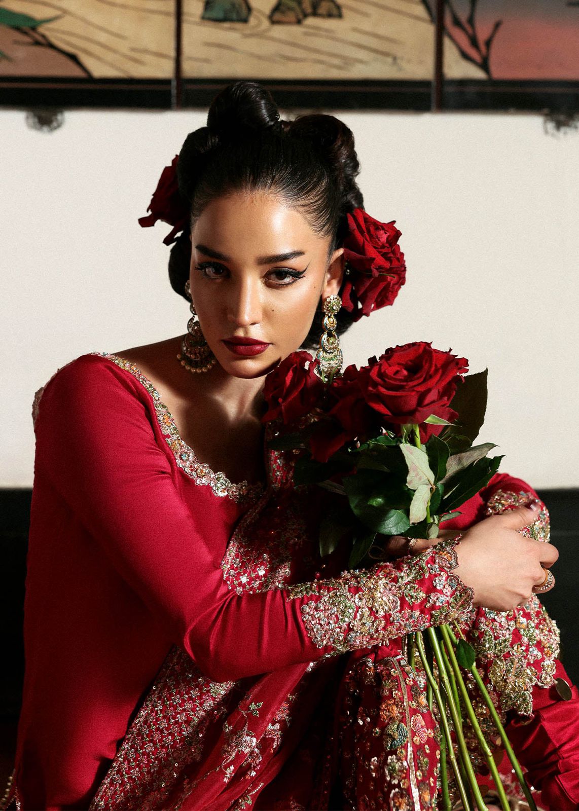 HR Embroidered Red Luxury Raw Silk Dress