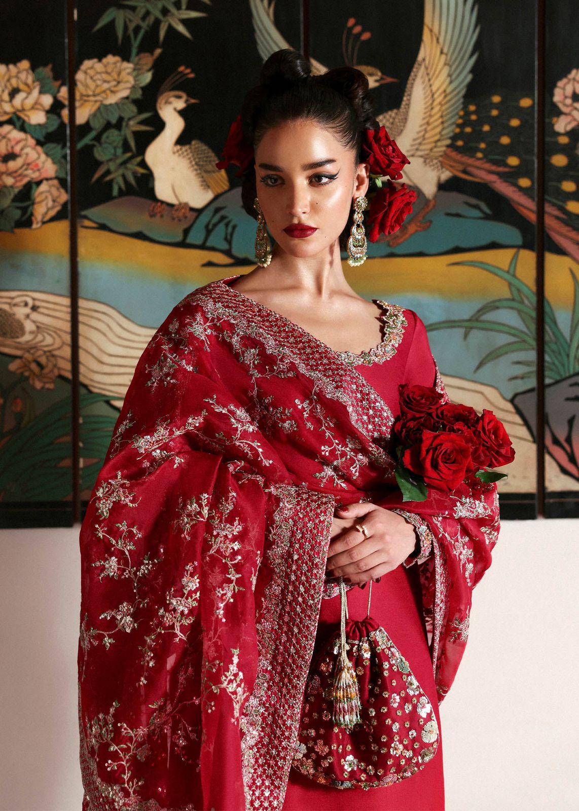 HR Embroidered Red Luxury Raw Silk Dress