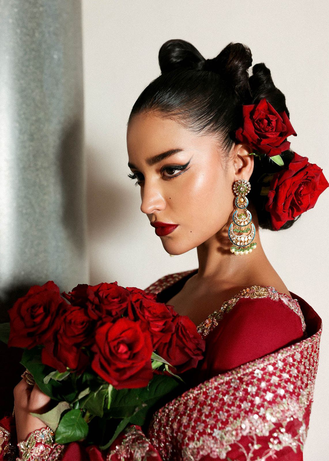 HR Embroidered Red Luxury Raw Silk Dress