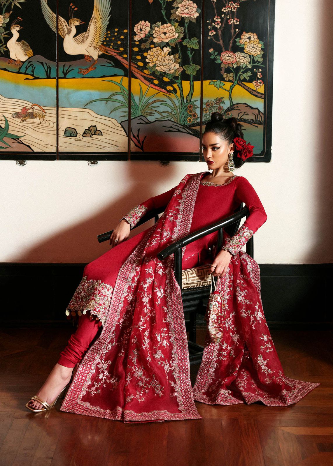 HR Embroidered Red Luxury Raw Silk Dress