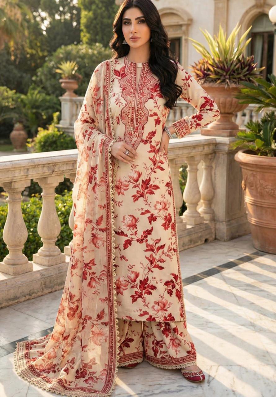 ANL Embroidered Cream Luxury Lawn Dress