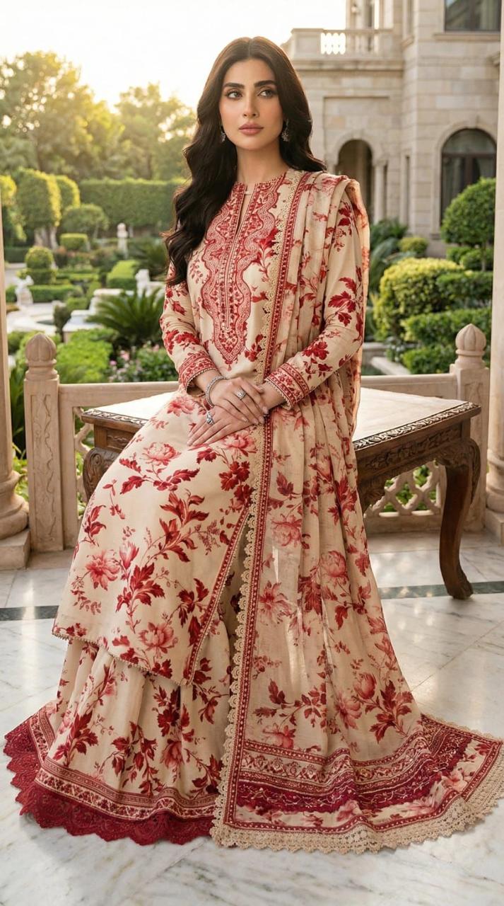 ANL Embroidered Cream Luxury Lawn Dress