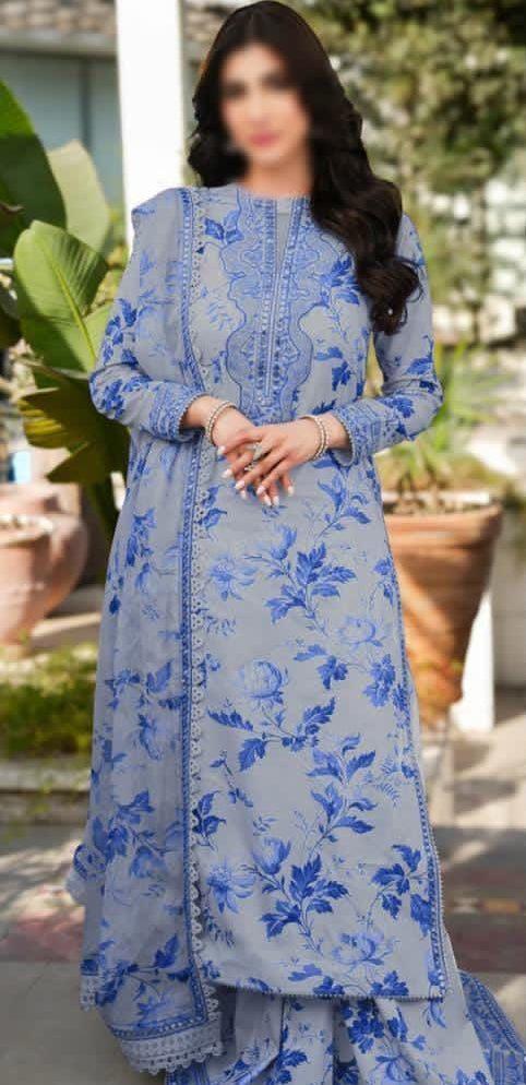ANL Embroidered Grey & Blue Luxury lawn Dress D-47