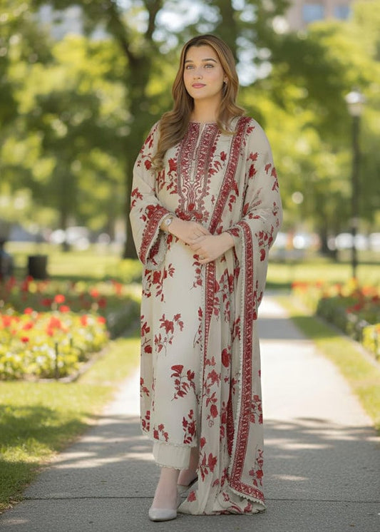 ANL Embroidered Cream & Red Floral Luxury Lawn Dress