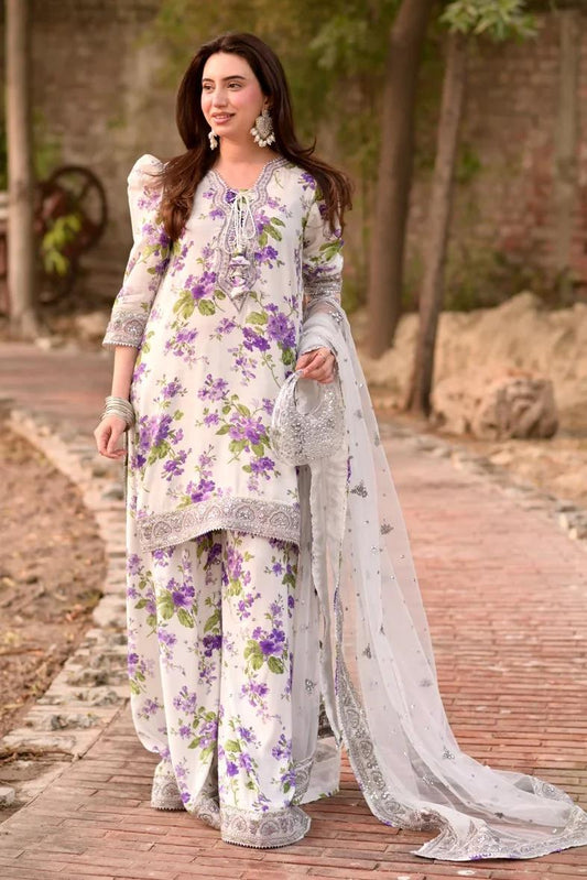 ANL Embroidered Cream n Purple Flowers Luxury Lawn Dress