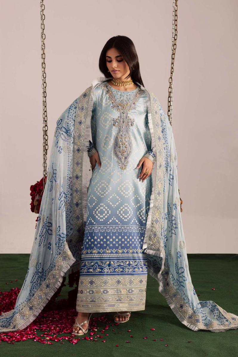 NUR Embroidered Aqua Tie & Dye Luxury Lawn Dress