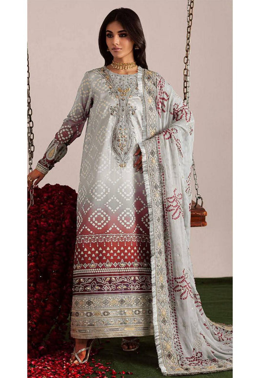 NUR Embroidered Grey Tie & Dye Luxury Lawn Dress