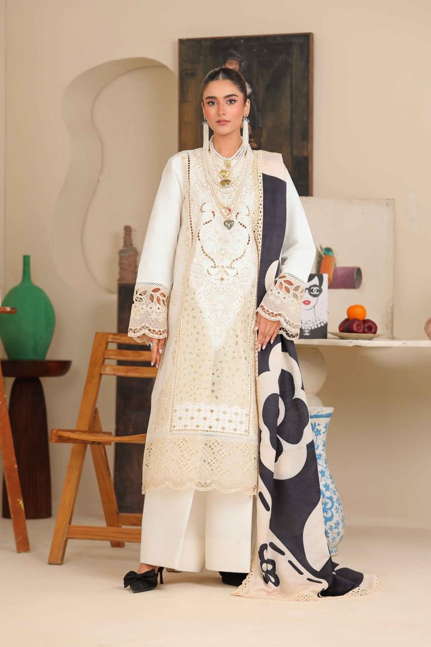 Huma Gul Embroidered Off White Luxury Lawn Dress
