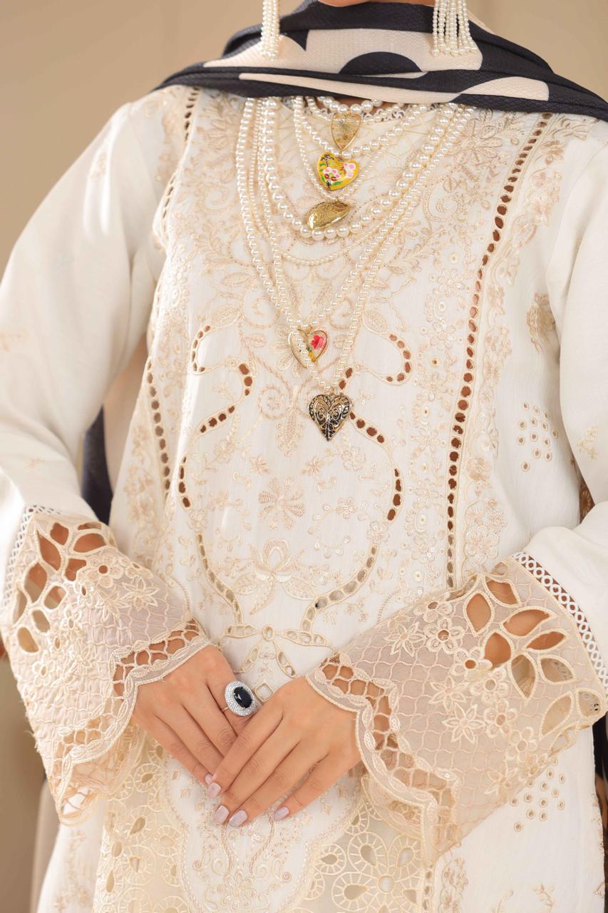 Huma Gul Embroidered Off White Luxury Lawn Dress