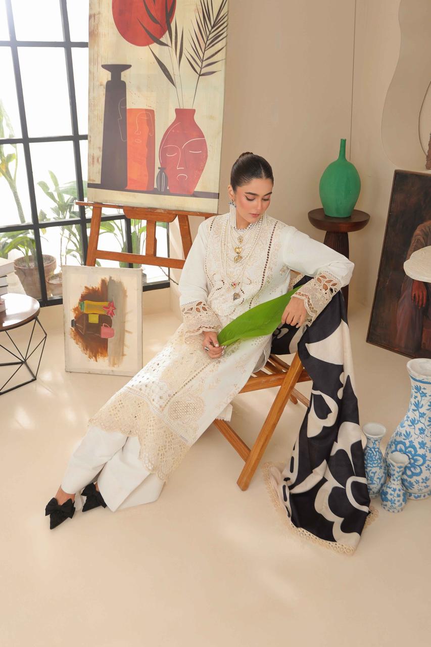 Huma Gul Embroidered Off White Luxury Lawn Dress