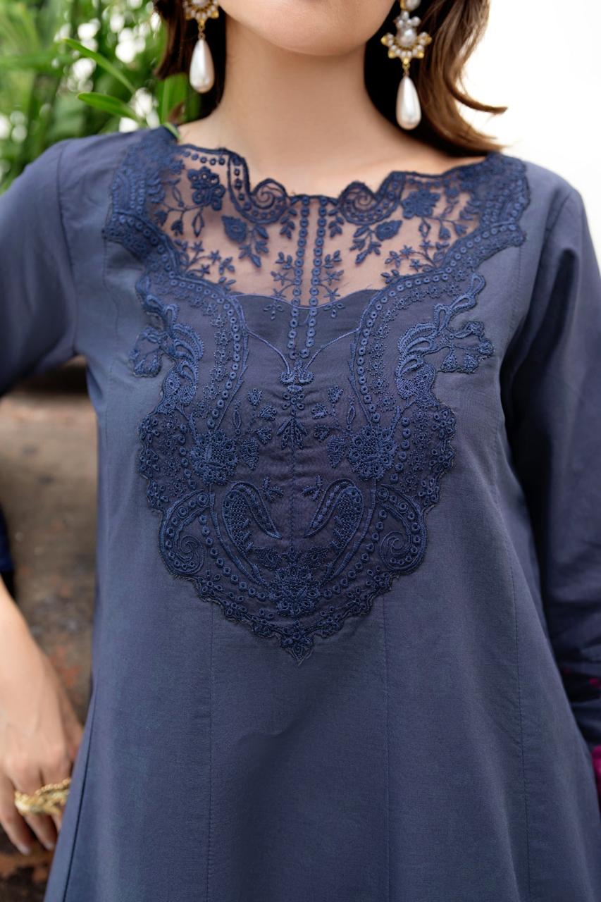 XENIA Printed Navy Blue Luxury Lawn Dress