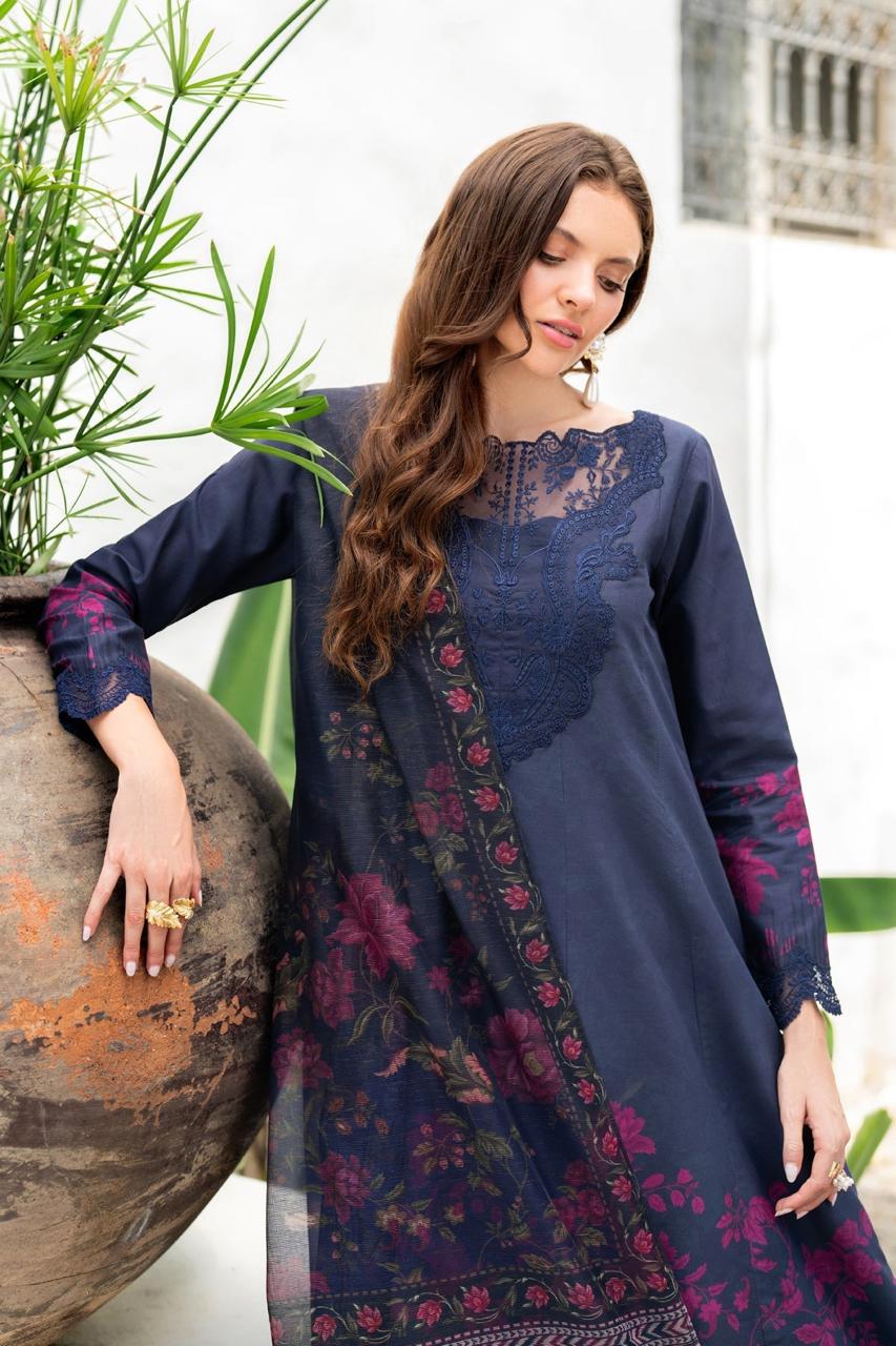 XENIA Printed Navy Blue Luxury Lawn Dress
