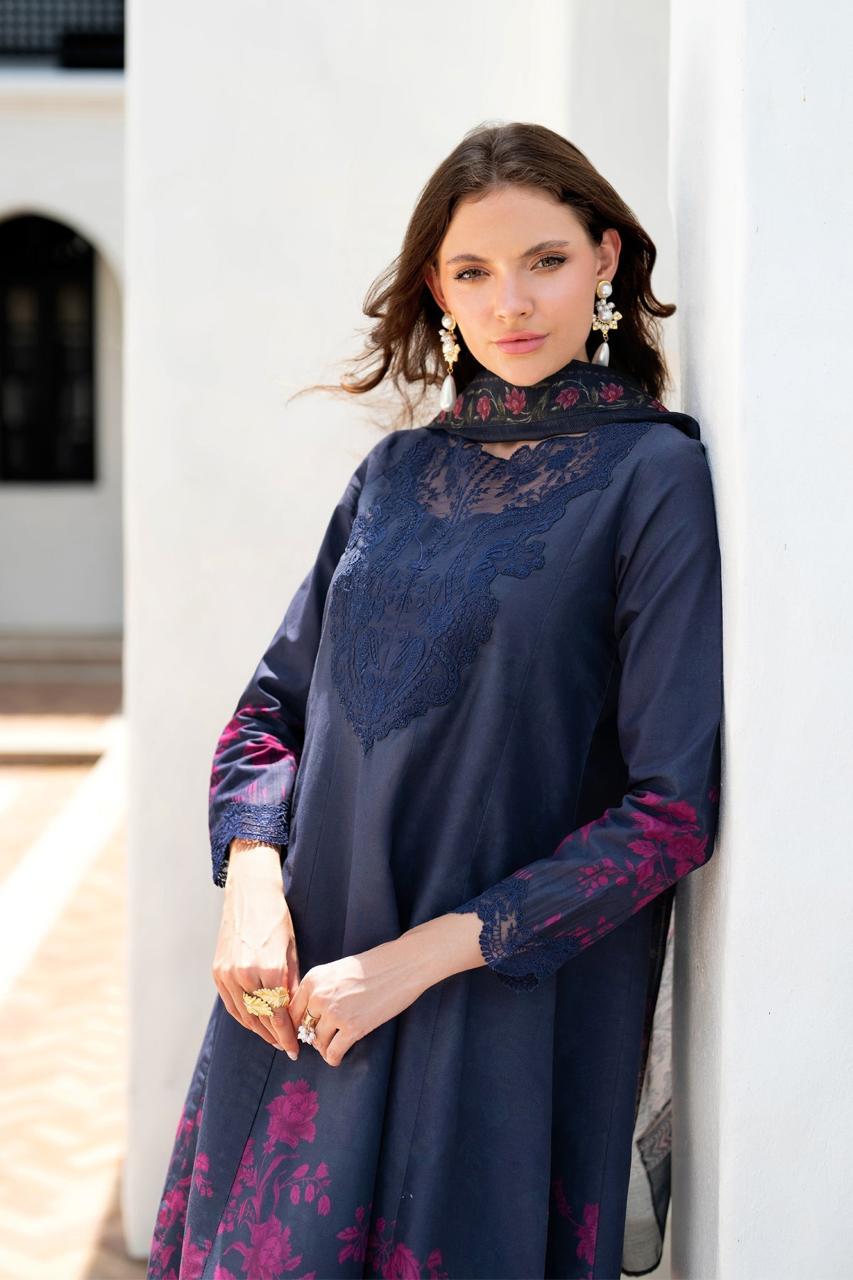 XENIA Printed Navy Blue Luxury Lawn Dress