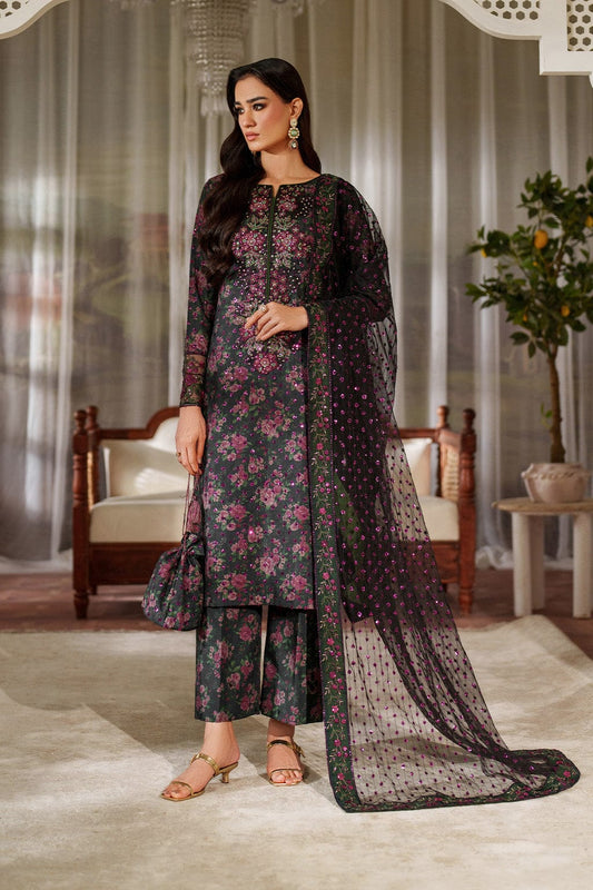 Iznik Embroidered Green & Purple Floral Luxury Lawn Dress