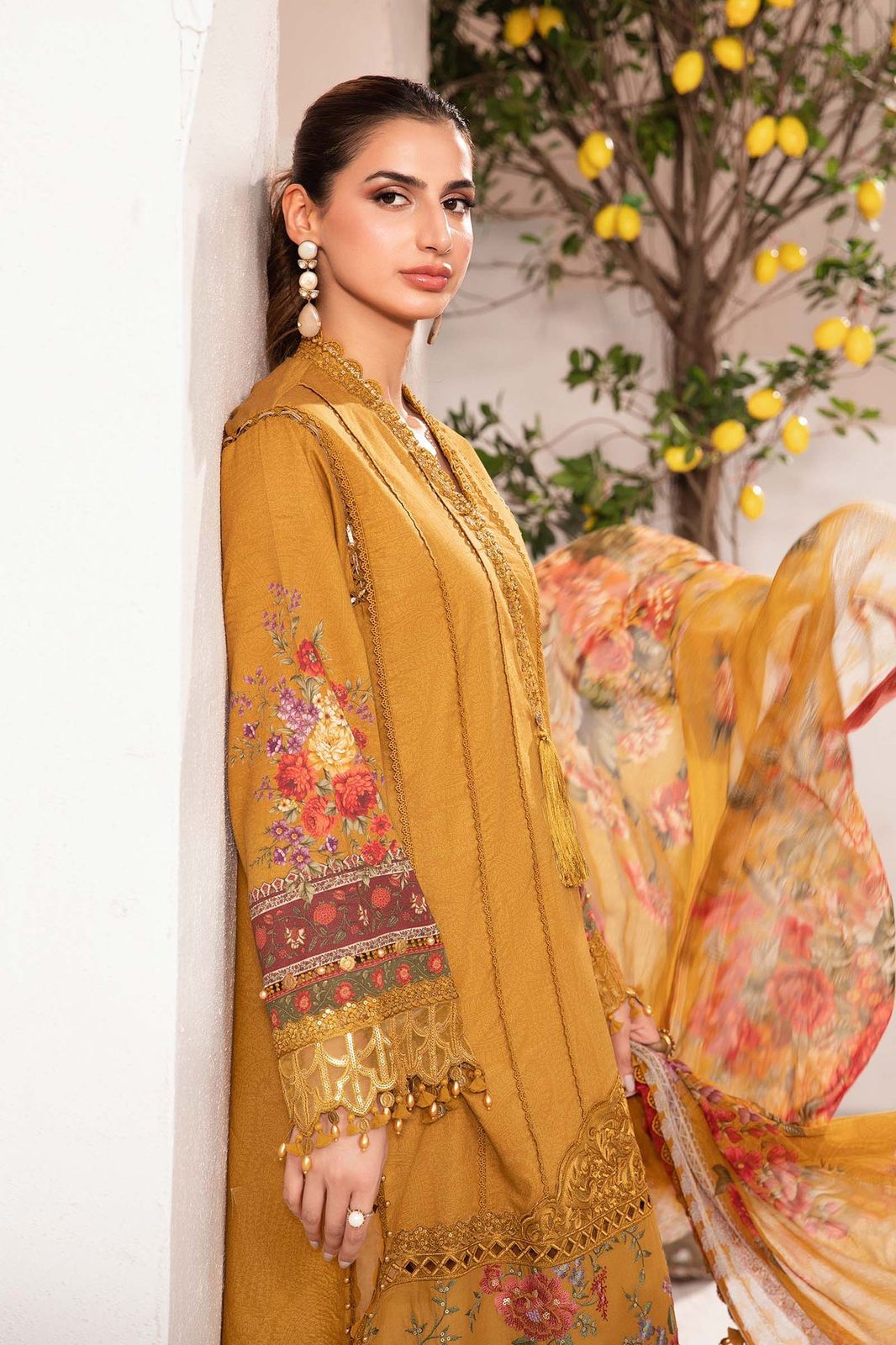 Maria B M Print Mustard Luxury Lawn Dress