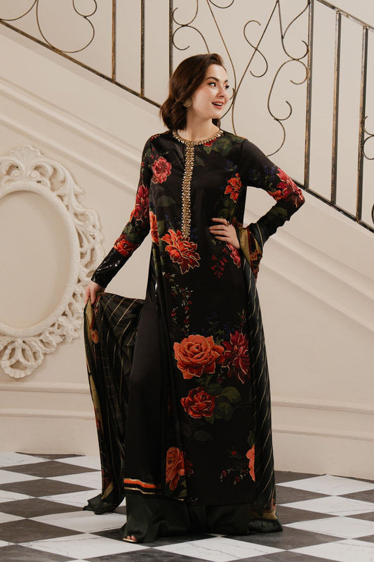 Lulusar Black & Maroon Flower Luxury 2 Piece Silk Dress