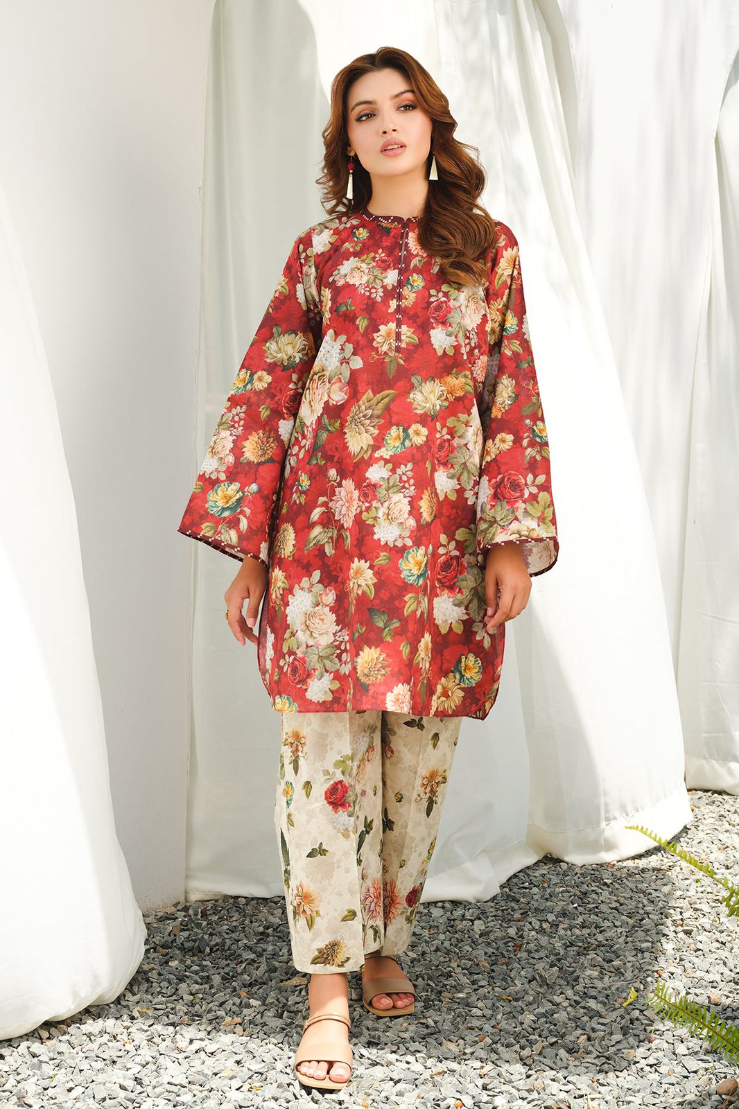 Limelight Red Luxury Printed 3 Pcs Swiss Lawn Dress