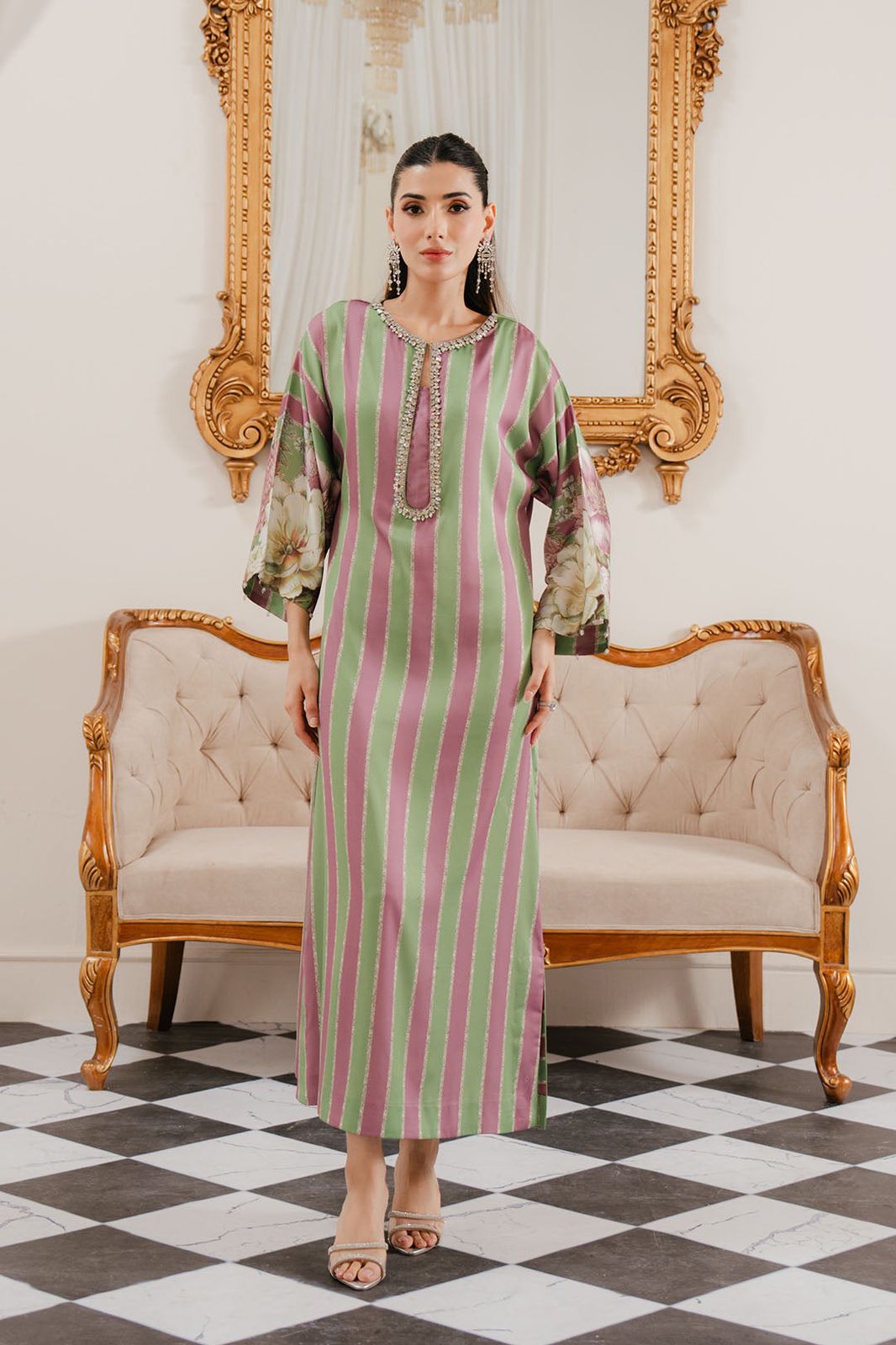 Embroidered Green & Pink Stripe Silk Dress