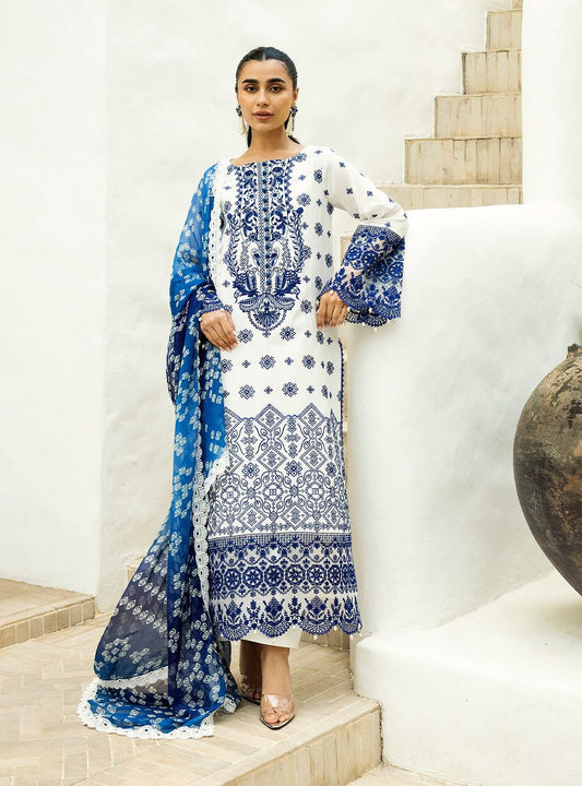 ZC Embroidered White & Blue Luxury Lawn Dress