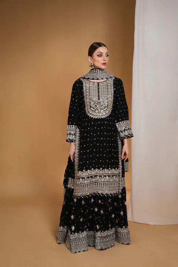 AJ Embroidered Black Chiffon Lehenga