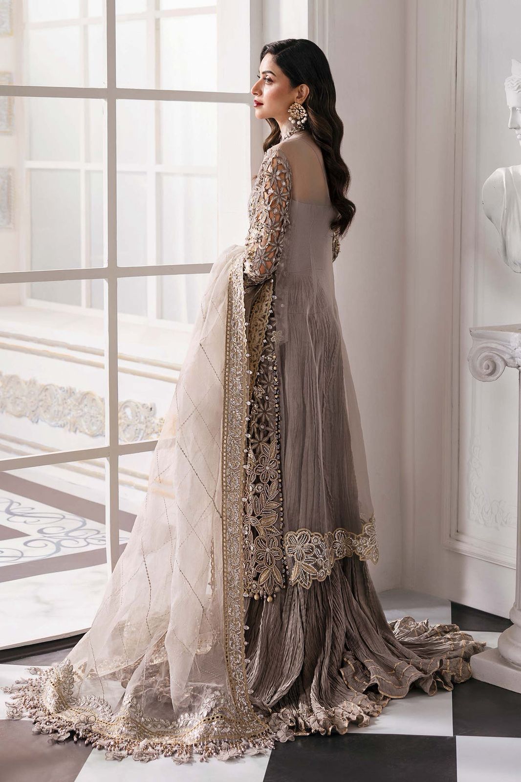 MB Embroidered Grey Luxury Chiffon Gharara