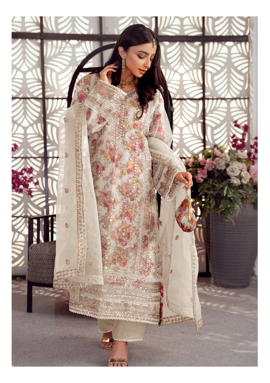 Designer White Organza & Silk Semi Stitched 4 Piece