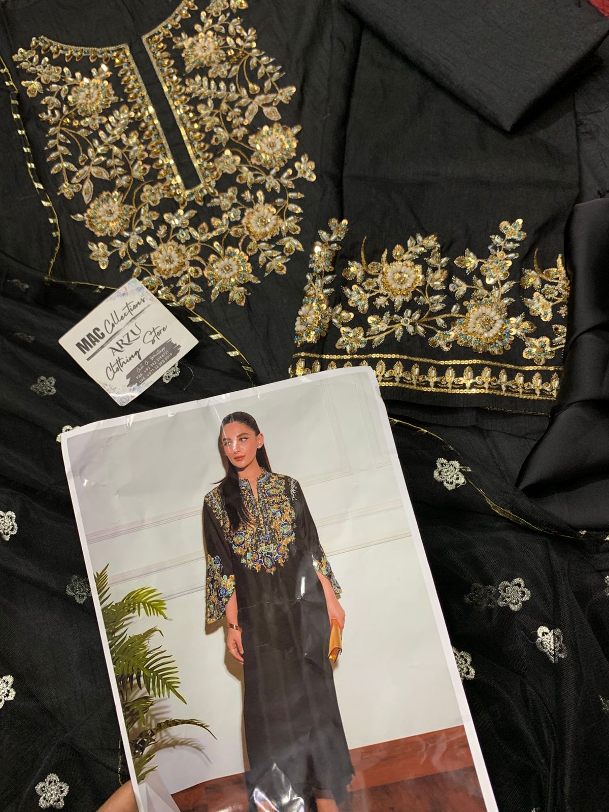 HR Embroidered Black Luxury Raw Silk Dress
