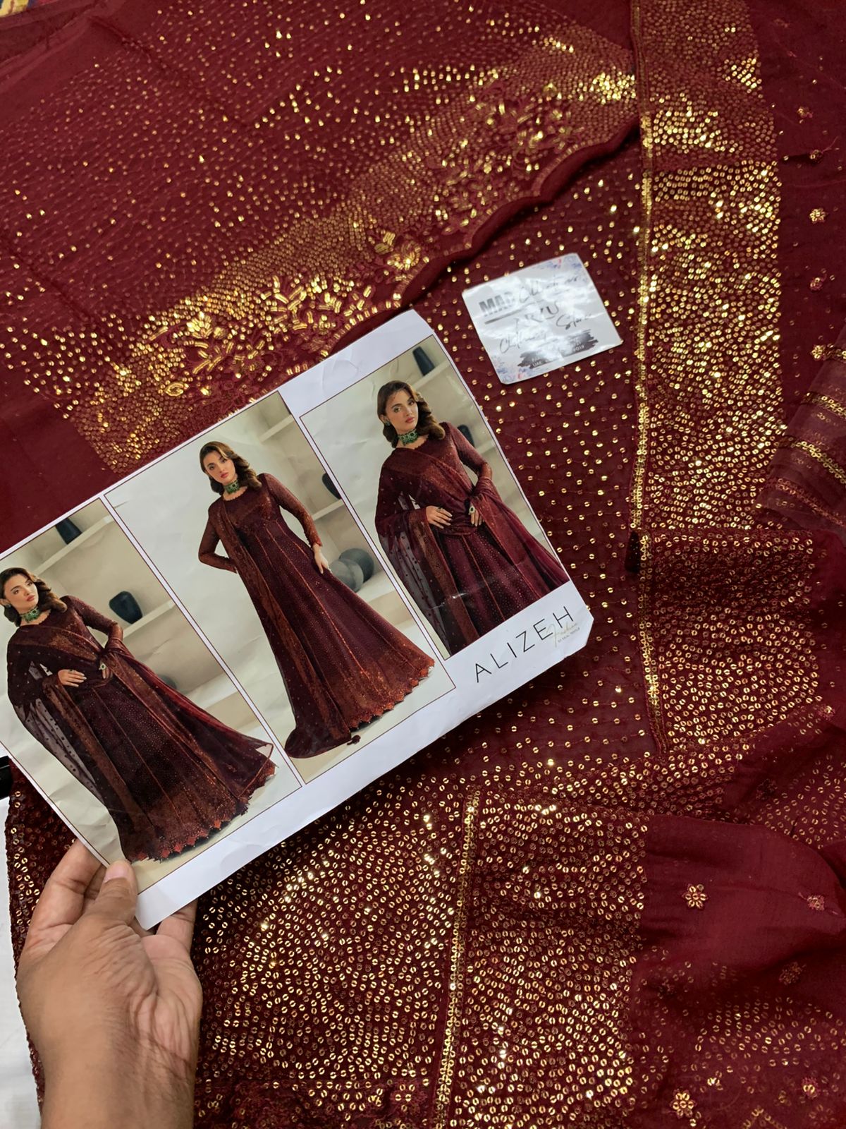 AZH Embroidered Maroon Luxury Chiffon Dress