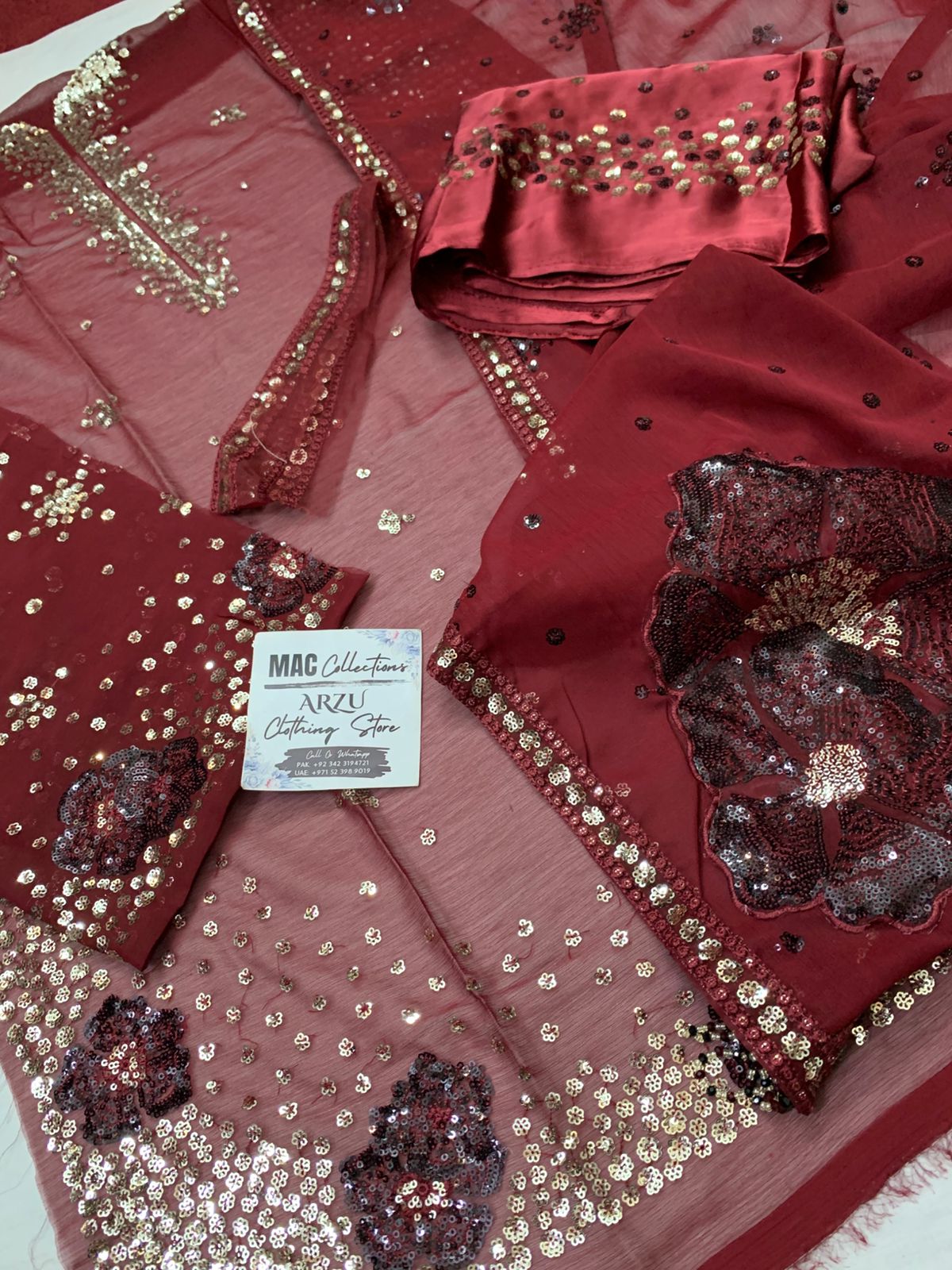 JZM Embroidered Maroon Luxury Chiffon Dress
