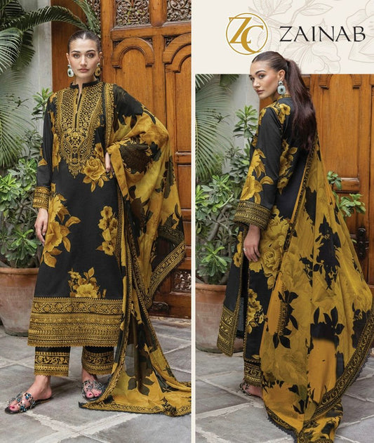 ZC Embroidered Black & Yellow Luxury Linen Dress