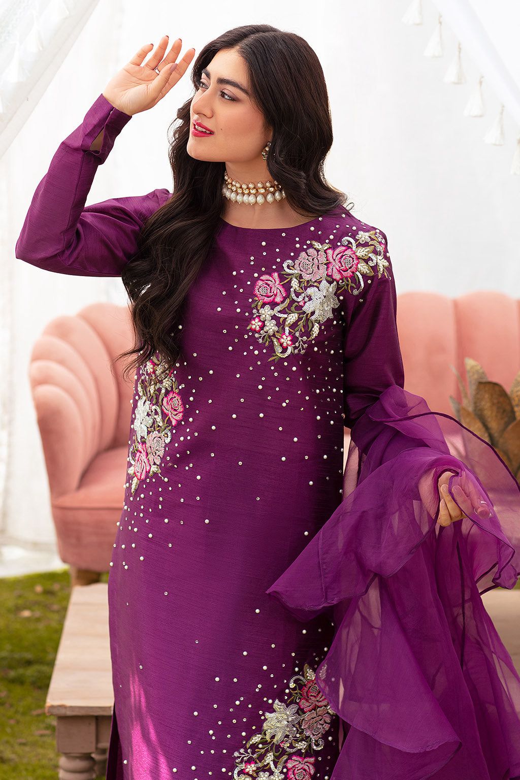 Vanya Embroidered Purple Luxury Raw Silk Dress