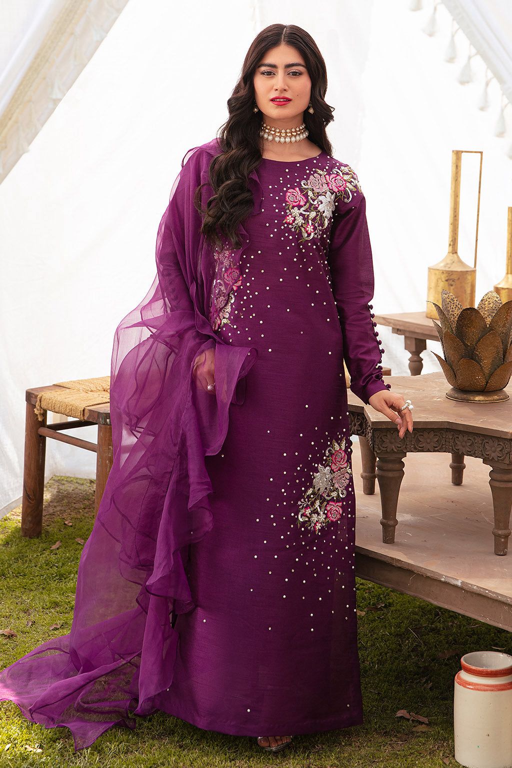 Vanya Embroidered Purple Luxury Raw Silk Dress
