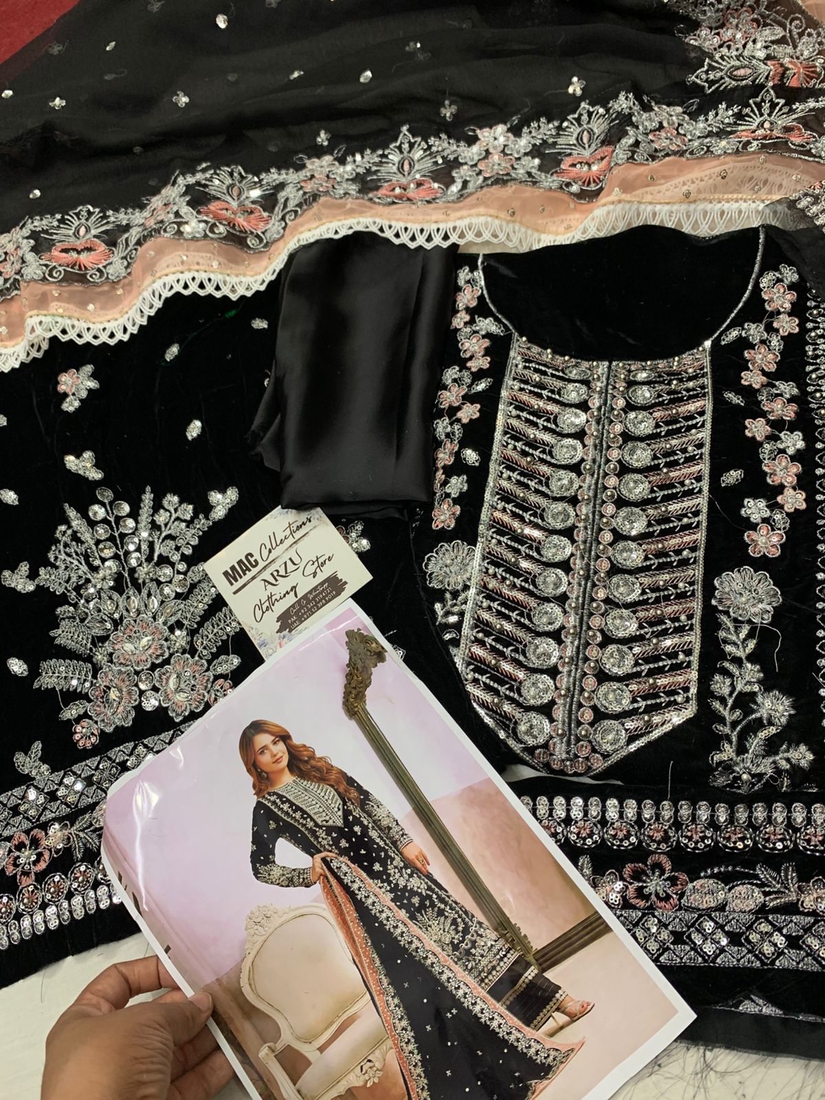 ANL Embroidered Black Luxury Velvet Dress