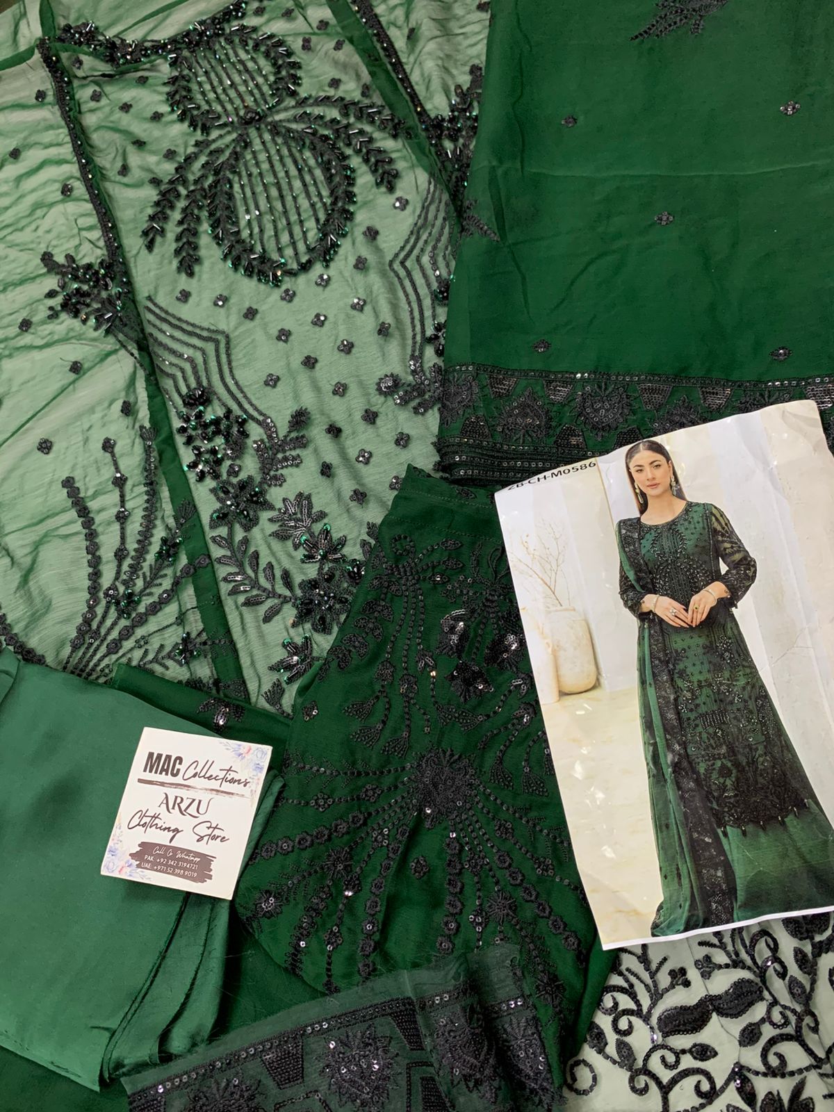 ZNT Embroidered Dark Green Luxury Chiffon Dress