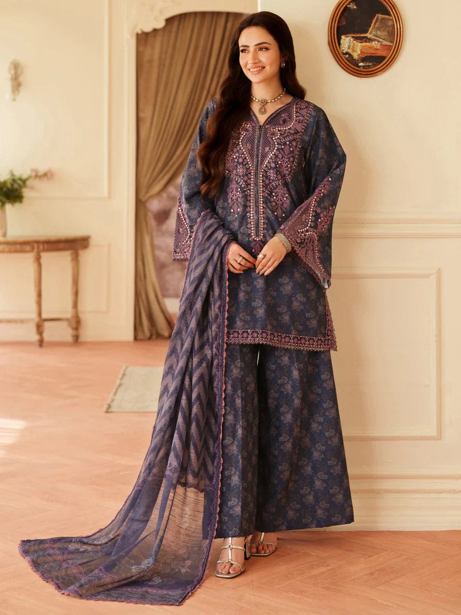 Mohagni Embroidered Navy Blue Luxury Lawn Dress