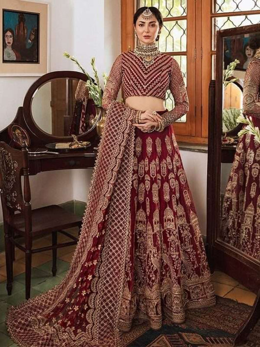 Afrozeh Bridal Maroon Luxury Net Maxi