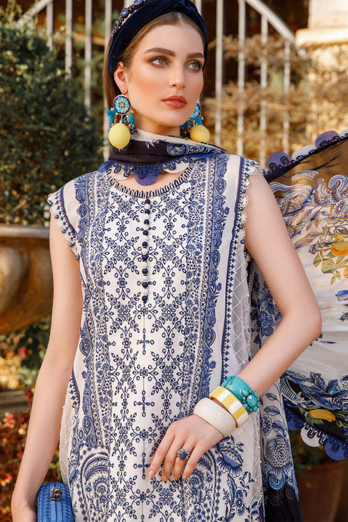 Maria B M Print Cream n Blue Luxury Lawn Dress