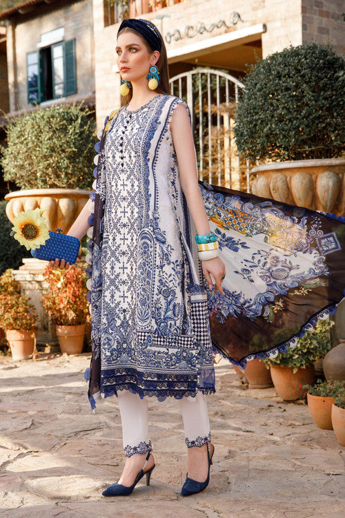 Maria B M Print Cream n Blue Luxury Lawn Dress