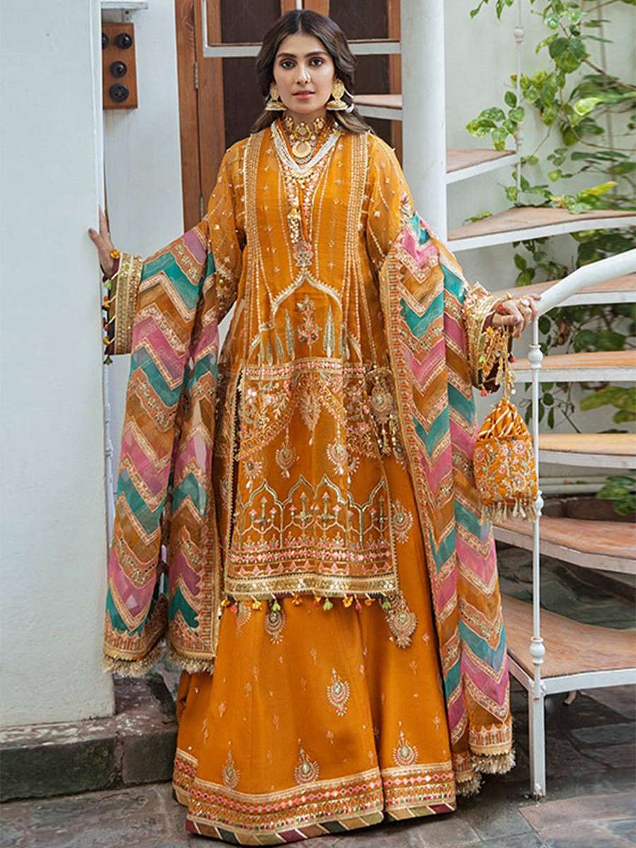 Zarlish Bridal Mustard Luxury Organza gharara