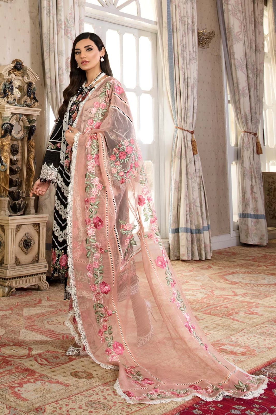 Crimson Black Pink Dupatta Luxury Lawn Dress